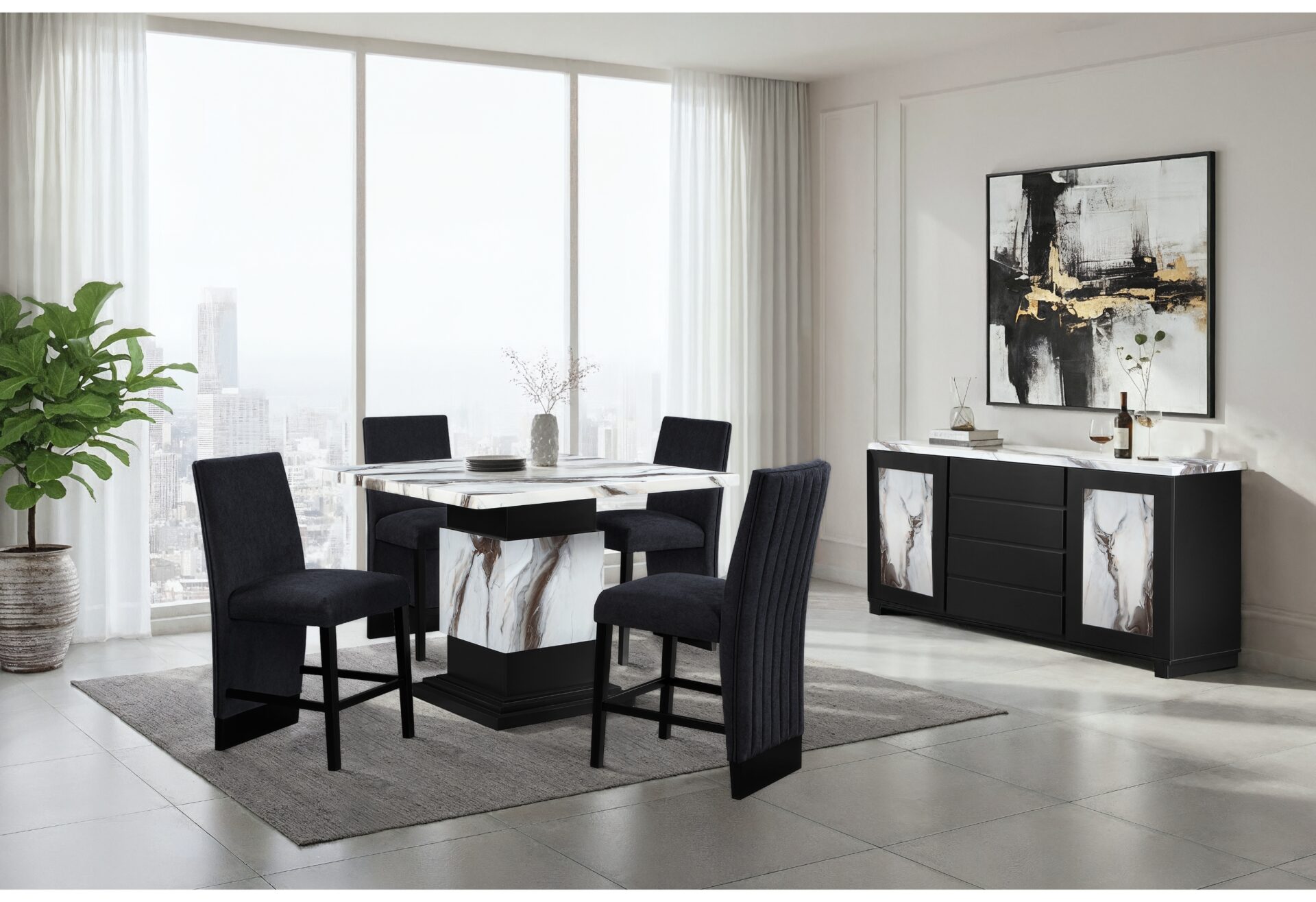BAR TABLE AND 4 BAR STOOLS