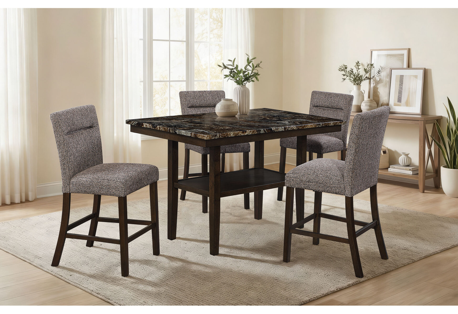 BROWN BAR TABLE WITH 6 BAR STOOLS