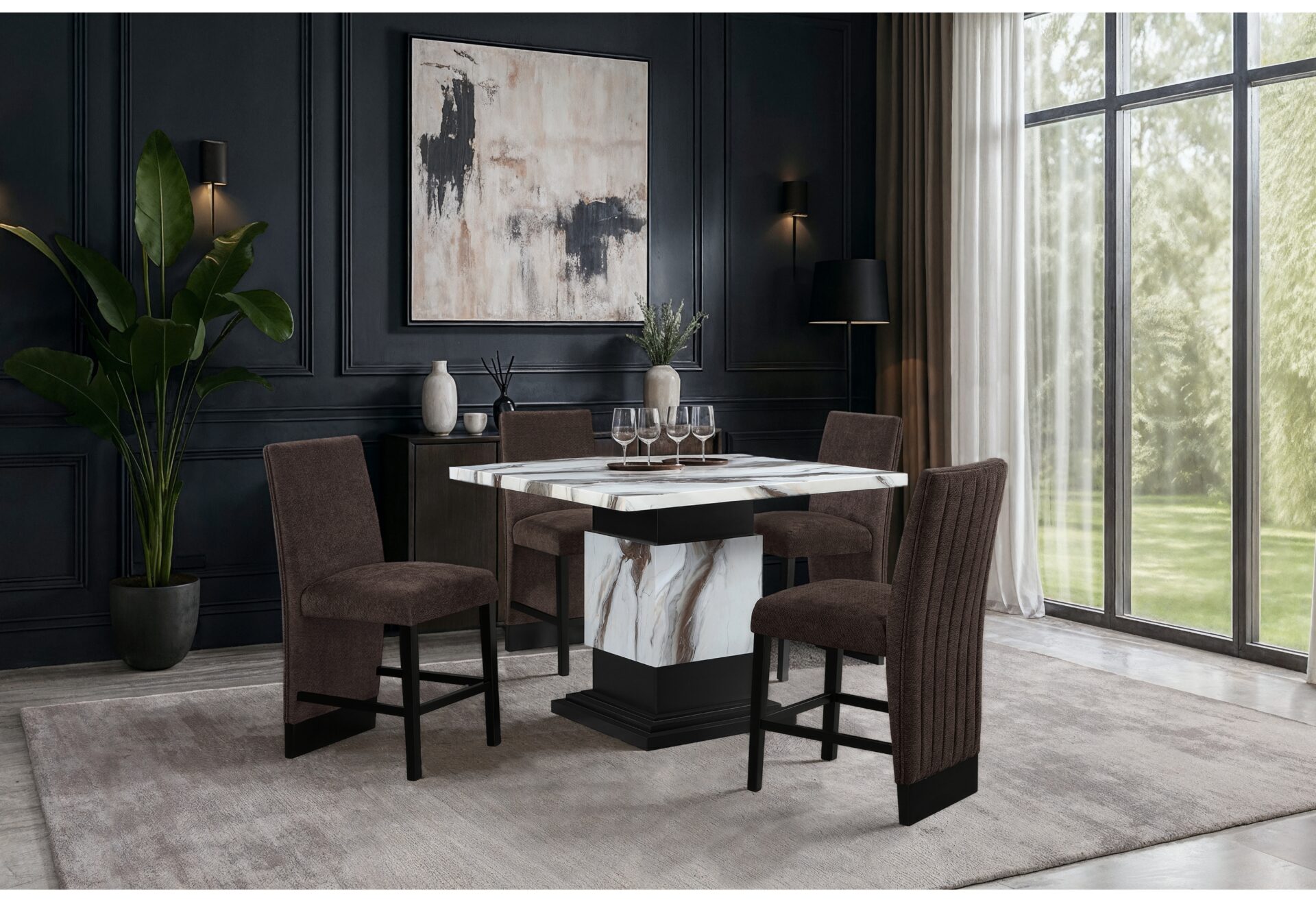 BAR TABLE AND 4 BROWN BAR STOOLS