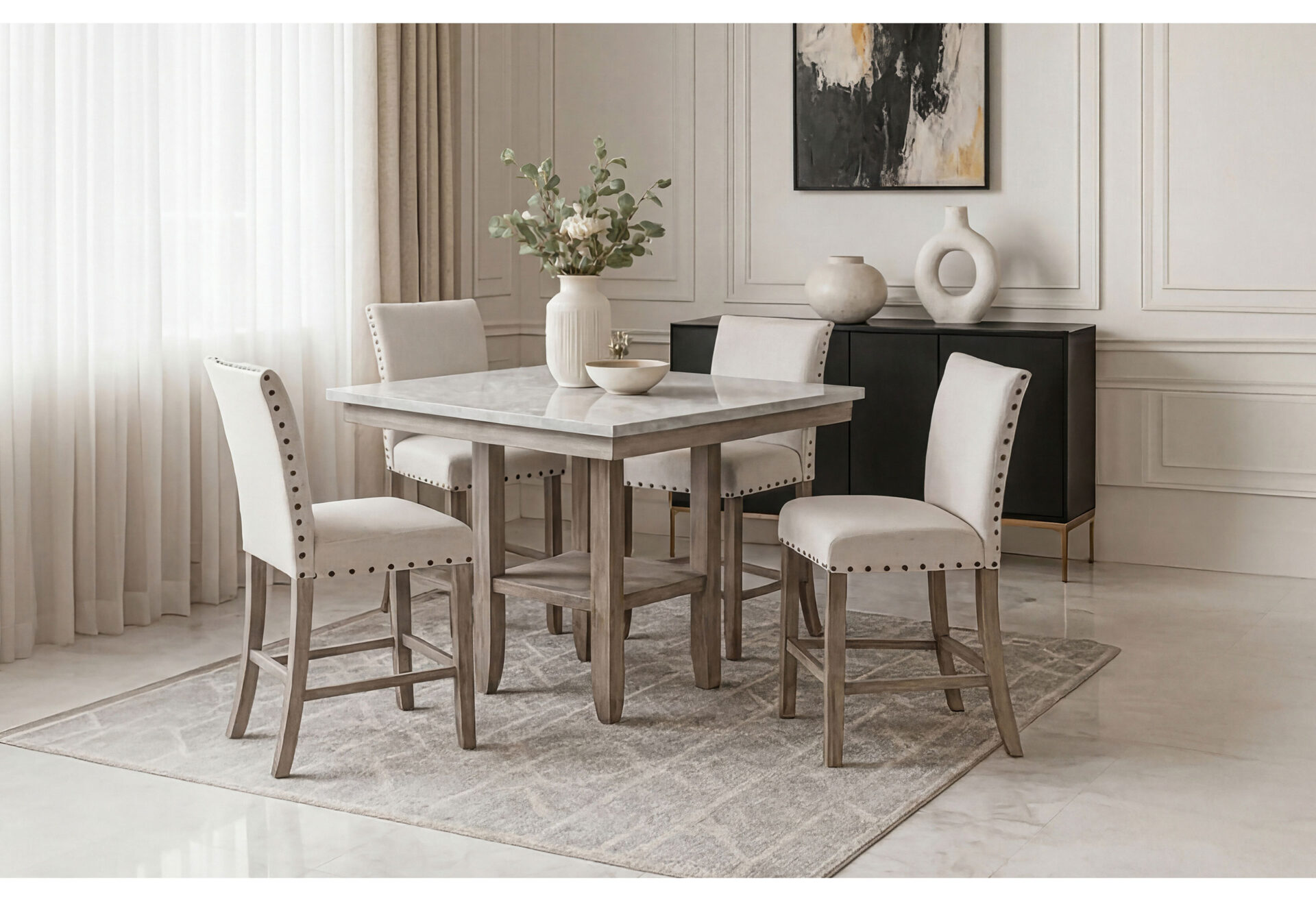  NATURAL BAR TABLE + 6 BAR STOOLS 