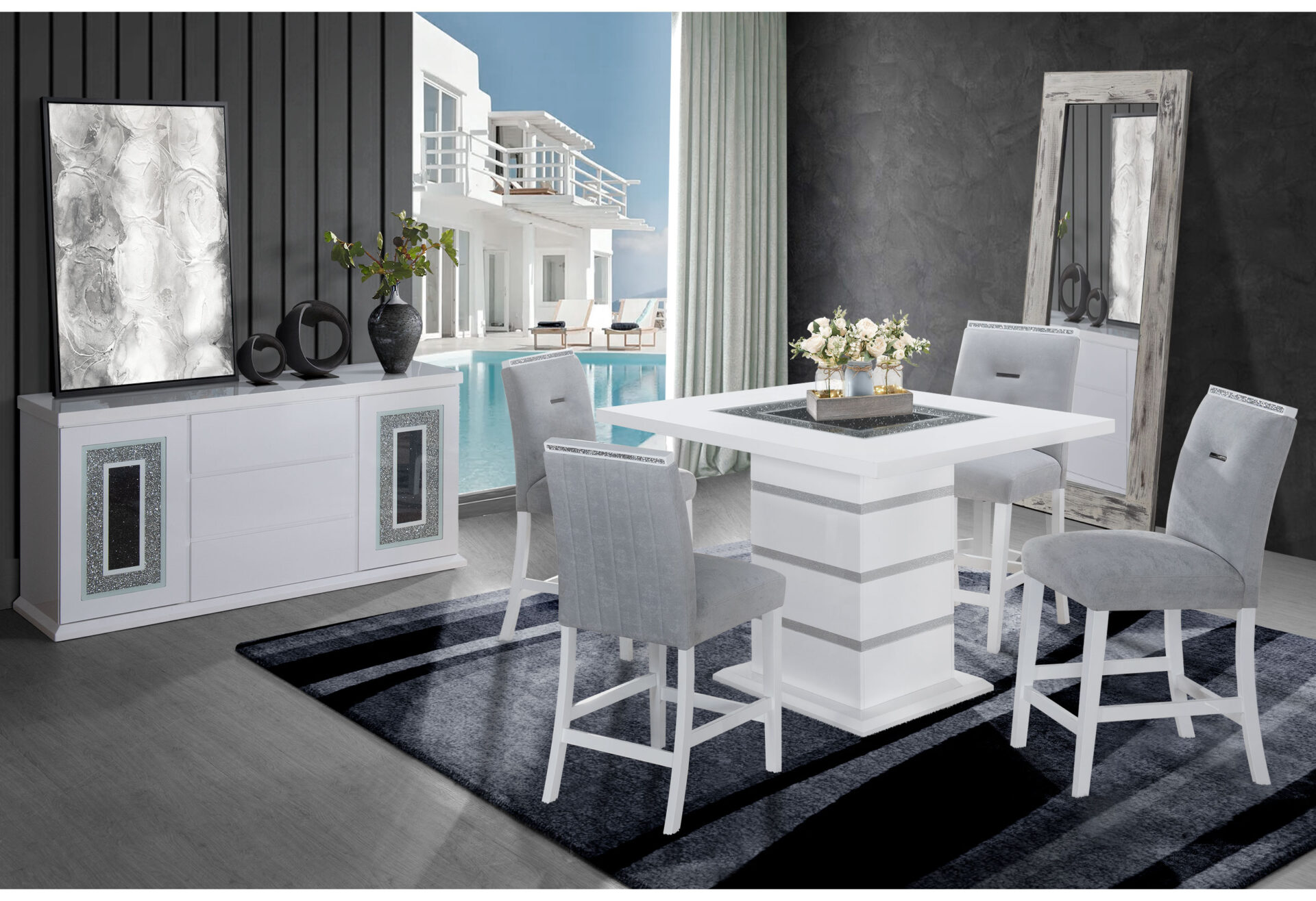 MONACO WHITE BAR TABLE + 4 MONACO BS-N