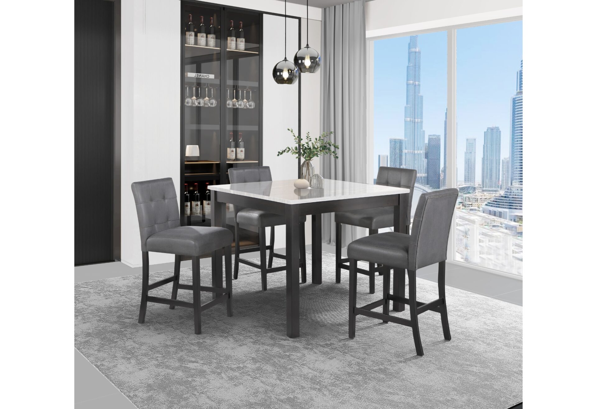 BAR TABLE AND 4 BAR STOOLS