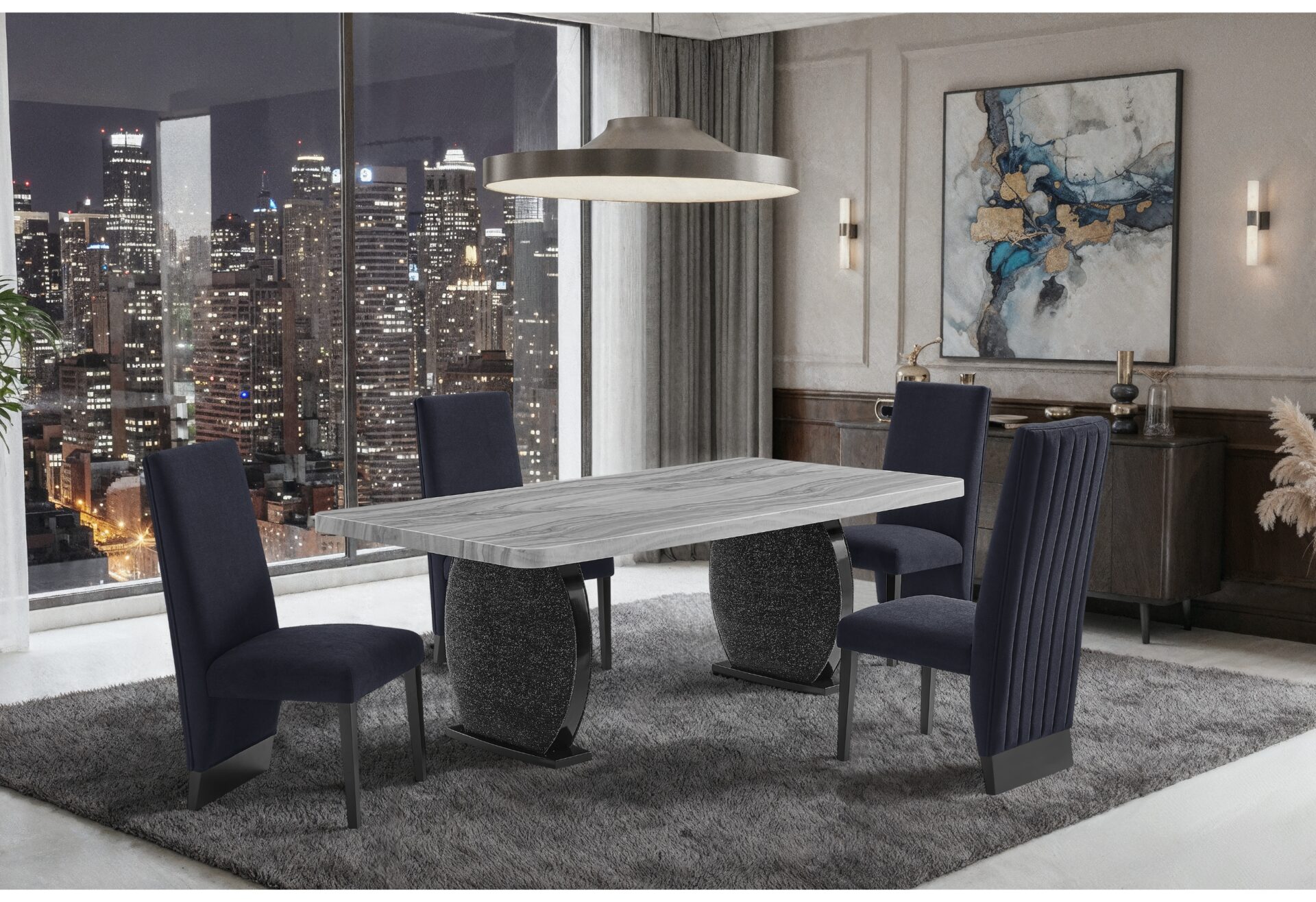 DINING TABLE AND 6 BLACK DINING CHAIR