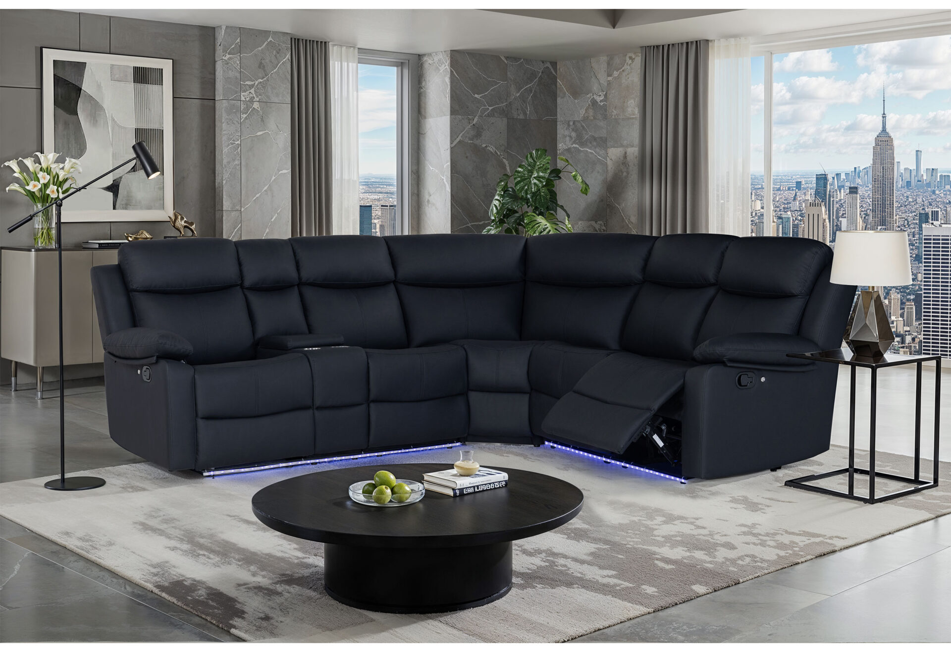 BLACK RIGHT ARM FACING SECTIONAL LIVING ROOM WITH LED AND SPEAKER