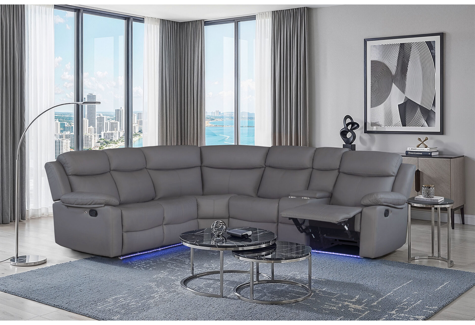 GREY PU 46A RIGHT SIDE FACING SECTIONAL LIVING ROOM WITH LED AND SPEAKER