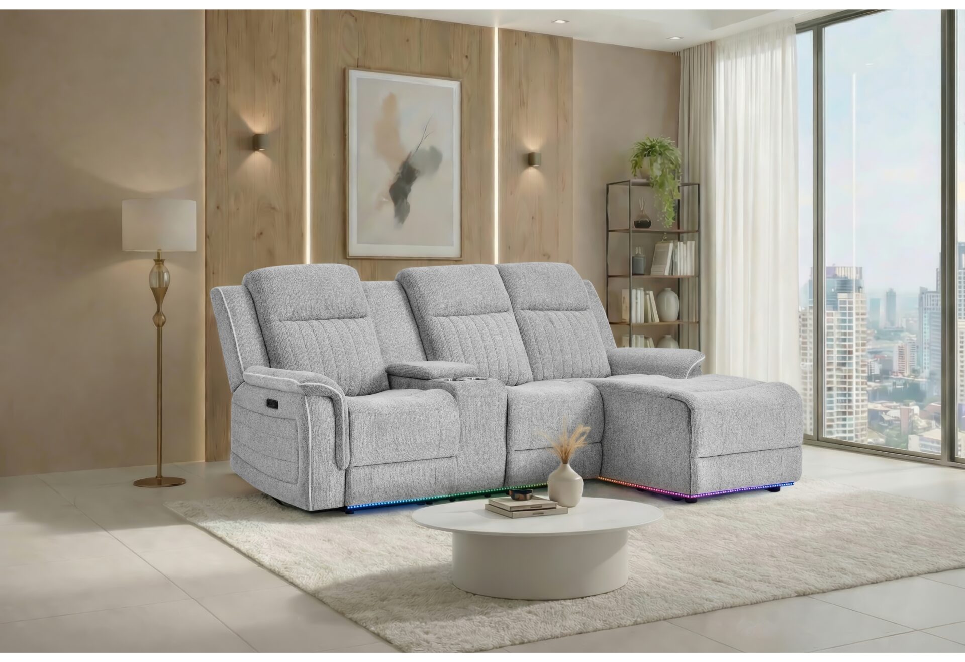 GREY 1 POWER PUSHBACK SECTIONAL LIVING ROOM WITH LED AND SPKR