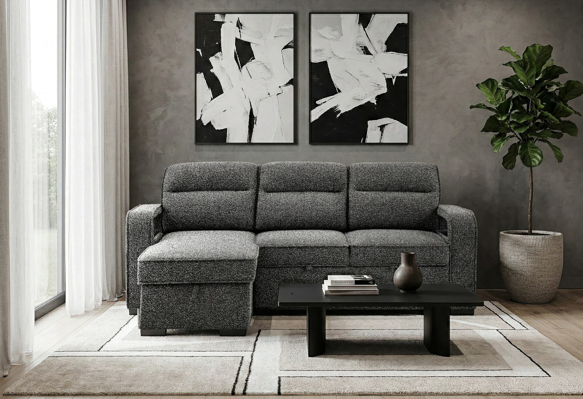 DARK GREY REVERSIBLE SOFA BED WITH DROP DOWN TABLE AND SPEAKER