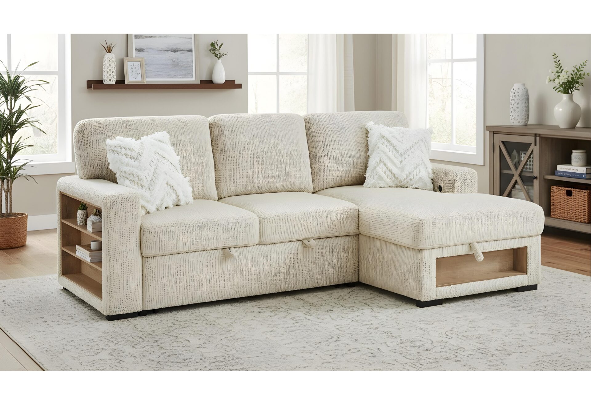 IVORY PULL OUT SOFA BED WITH SPEAKER AND 2 PILLOWS