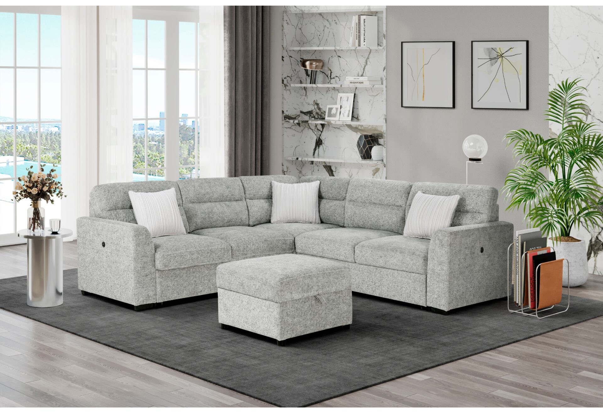 NICKEL SOFA BED SECTIONAL WITH 3 PILLOWS AND OTTOMAN