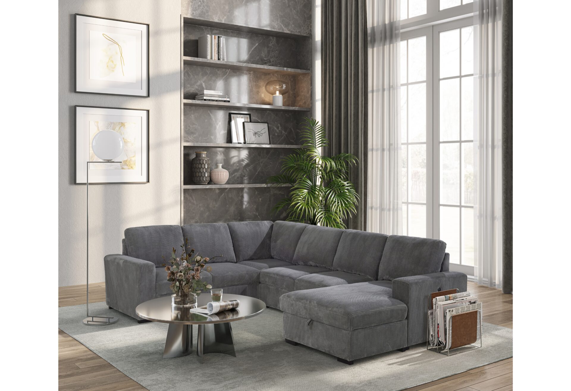 GREY SECTIONAL W/PULL OUT SOFA BED