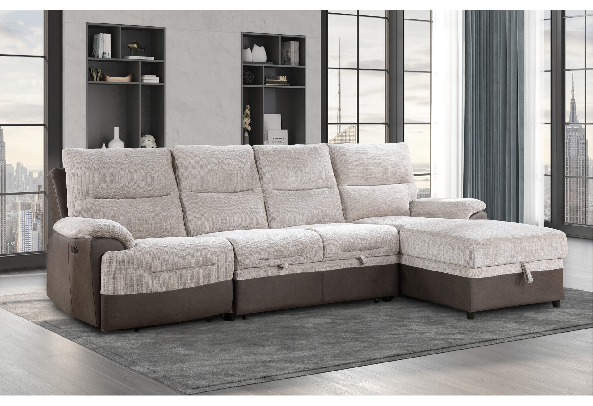 BEIGE/BROWN SECTIONAL LIVING ROOM  WITH PO AND USB