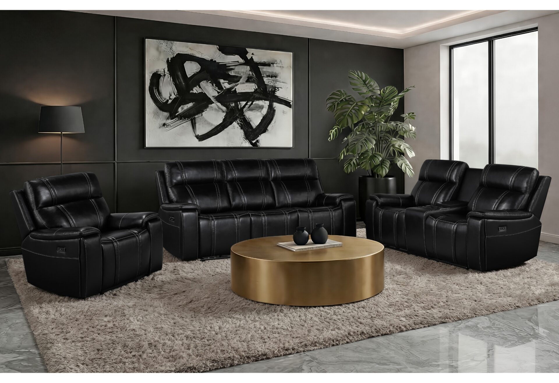 BLACK LEATHER PWR REC SOFA/PWR CONSOLE REC LOVESEAT