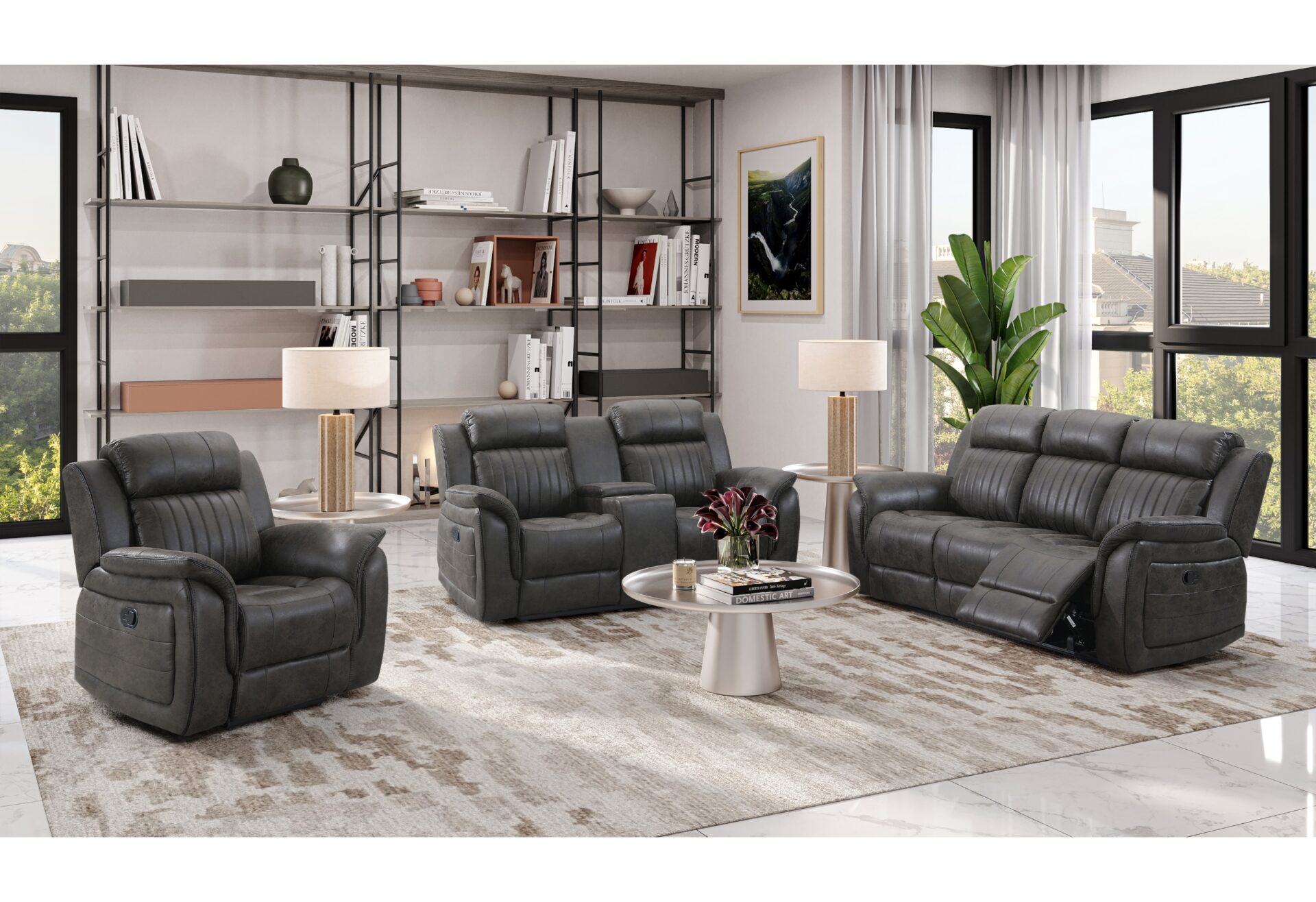 GREY RECLINING SOFA/CONSOLE RECLINING LOVESEAT/GLIDER RECLINER