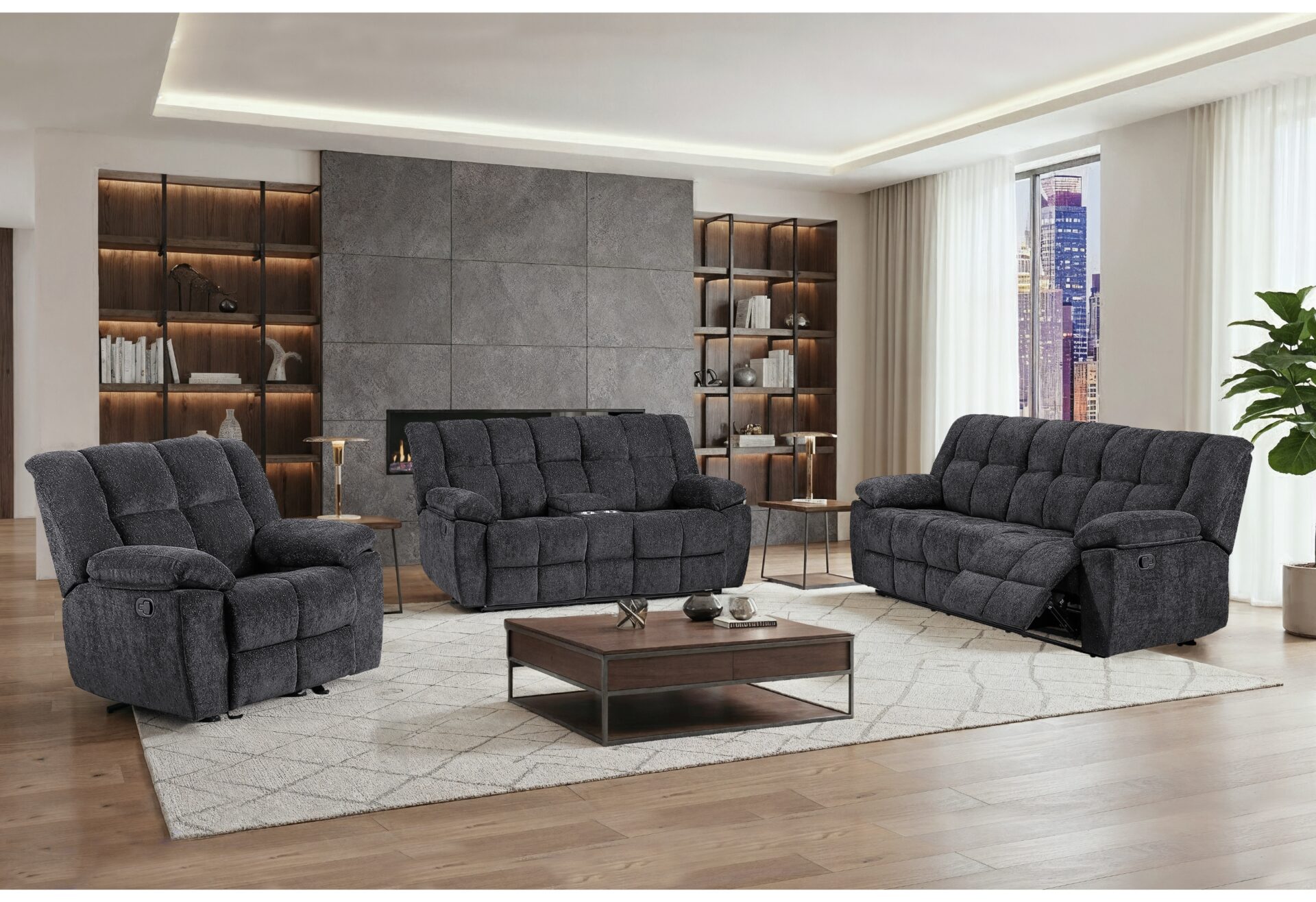 BLACK RECLINING SOFA/CONSOLE RECLINING LOVESEAT