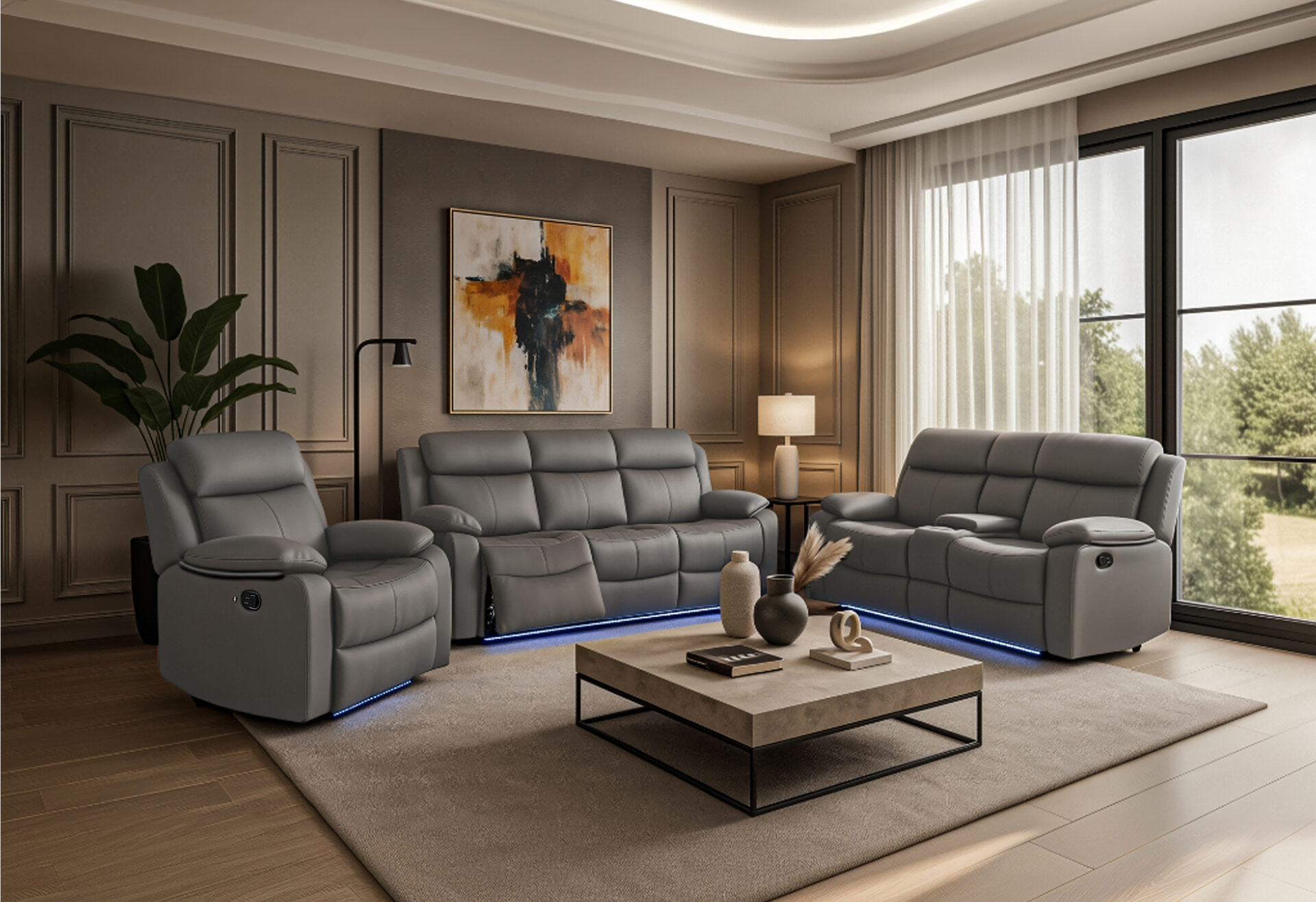 GREY PU 46A REC SOFA/CON REC LOVESEAT W/SPEAKER/GLIDER REC