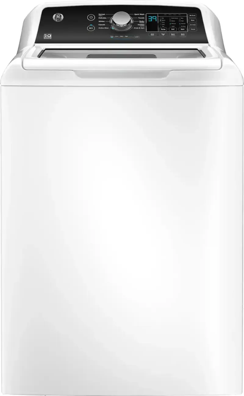 GE - 4.5 Cu. Ft. Top Load Washer with Water Level Control, Deep Fill, Quick Wash, and Glass Lid - White with Matte Black