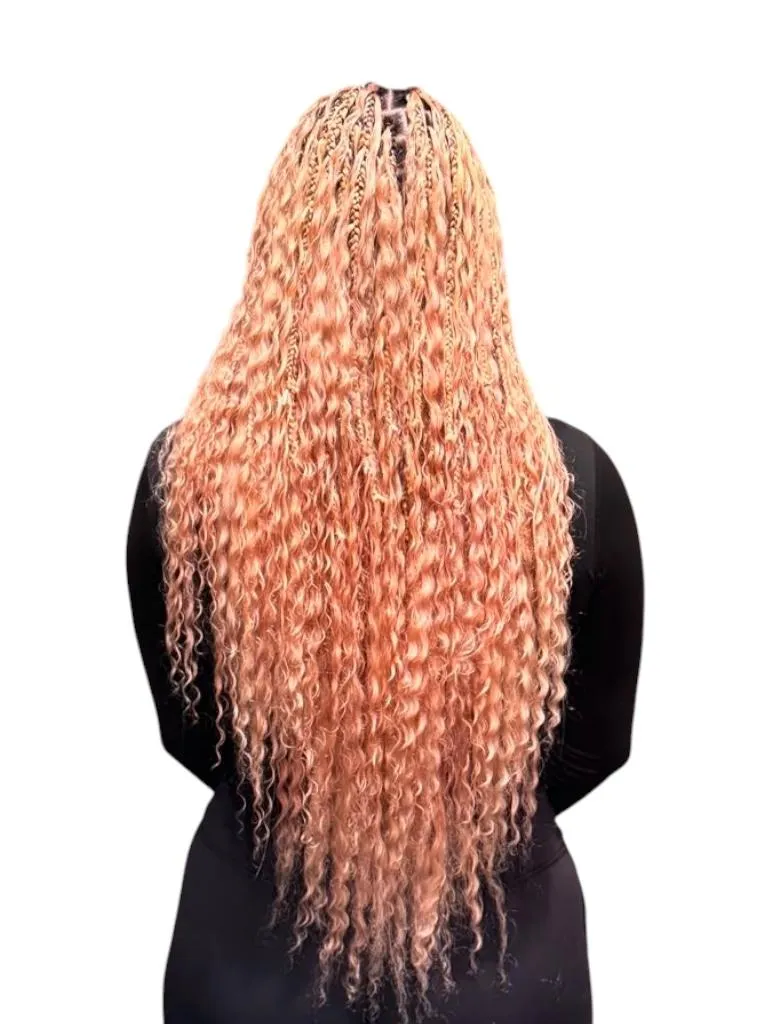 Blonde Boho Knotless braids with three bundles, back view