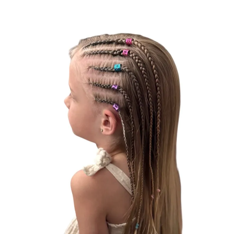Side braids with colorful beads and long loose hair