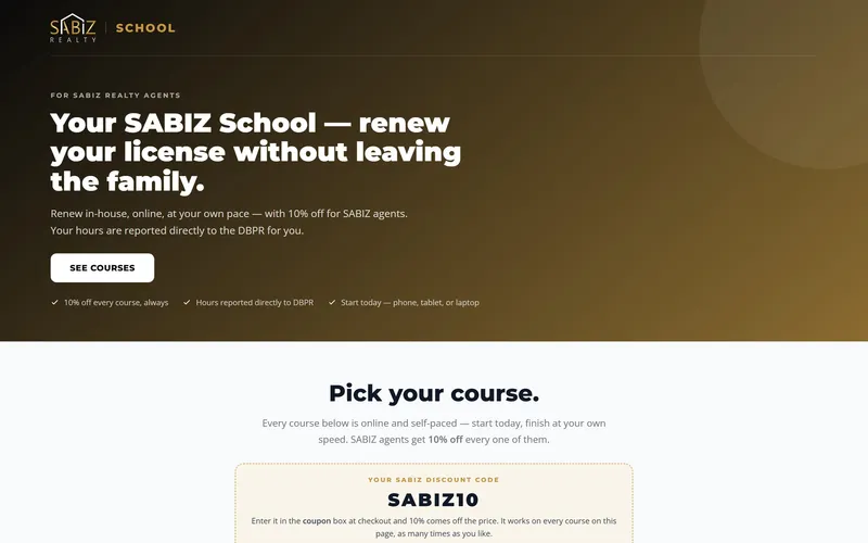 SABIZ Realty's live school page, built in the Broker Program
