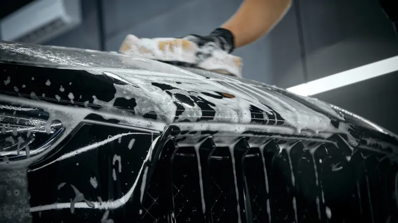 Gloved hand washing a black car with a foam sponge