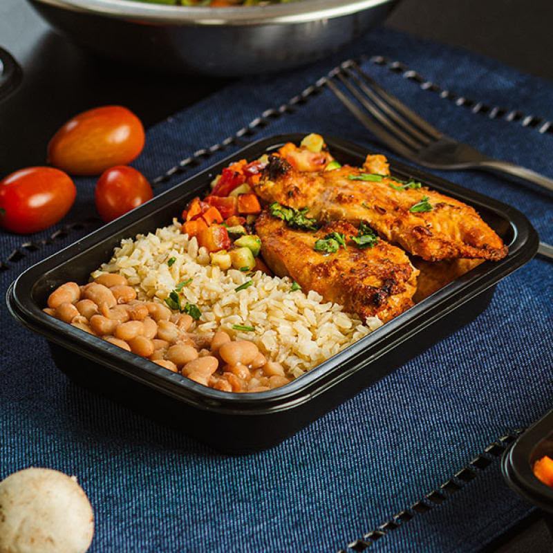 Chicken tenderloins with brown rice, carrots, beetroot and pinto beans