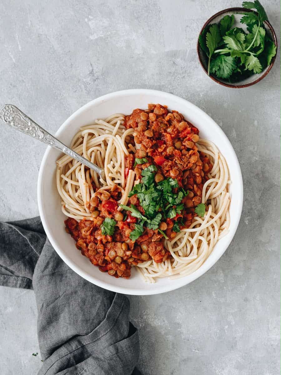 Spaghetti with lentil bolognese and homemade tomato sauce