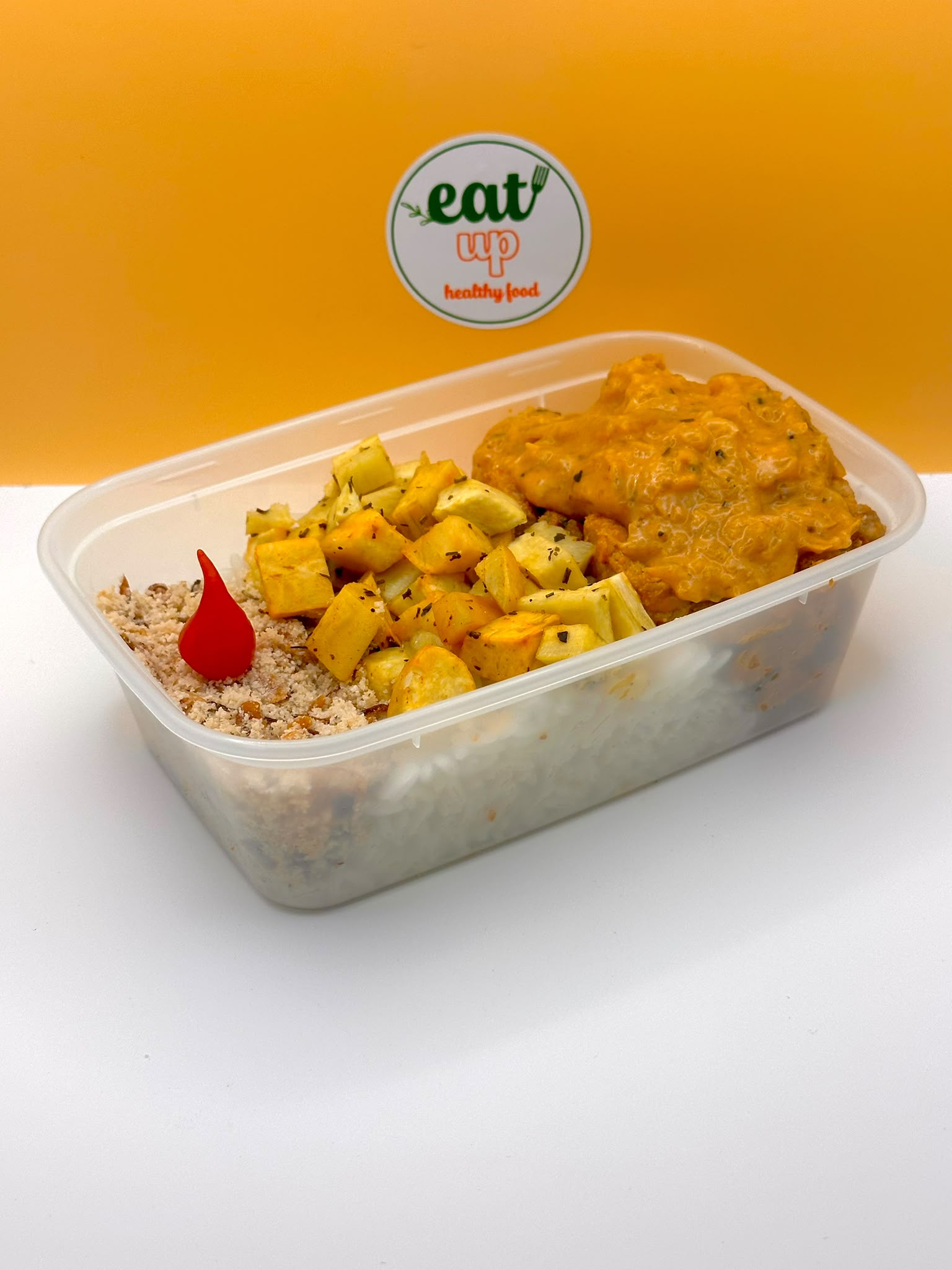 Pork loin with onion gravy rustic white sweet potato, white rice and crispy onion farofa