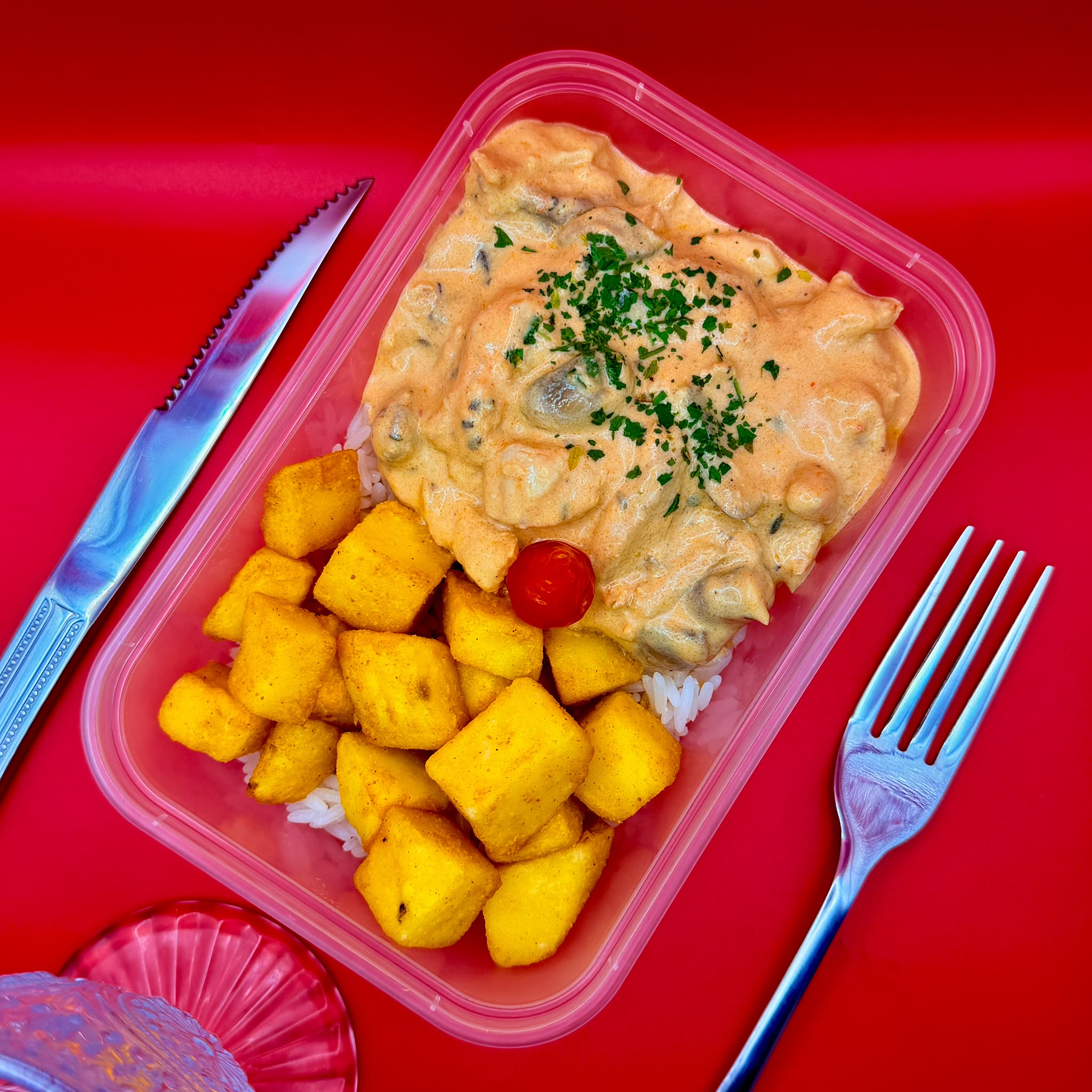 Chicken stroganoff with rice and roasted potatoes