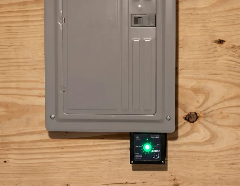 Surge protective device with illuminated indicator below an electrical panel