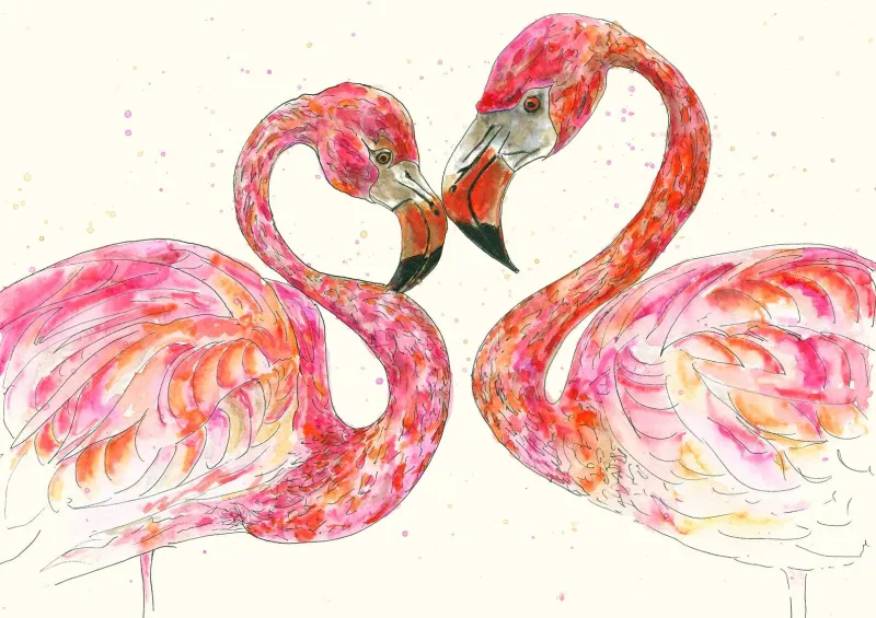 Love - Kissing Flamingos Watercolour Print