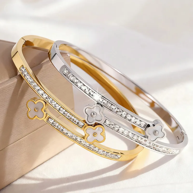 Dual-Tone Clover & Crystal Bangle Stainless Steel Bracelets Set