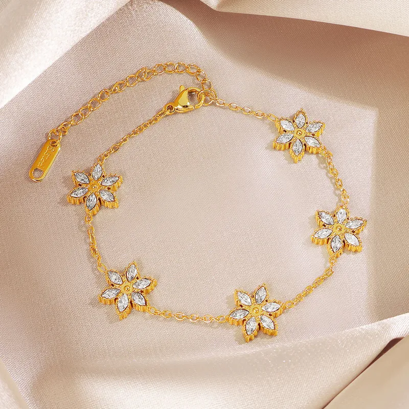 Colored Floral Crystal Station Stainless Steel Chain Bracelet in Gold  