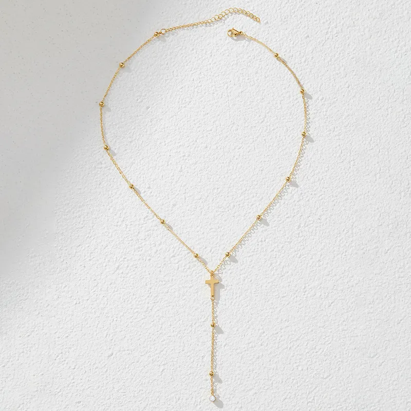 Gold Beaded Chain Cross Y-Lariat Necklace