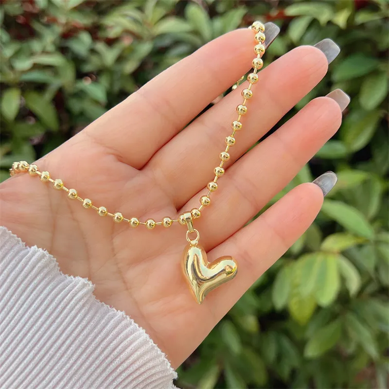 Gold Beaded Chain Puffy Heart Necklaces