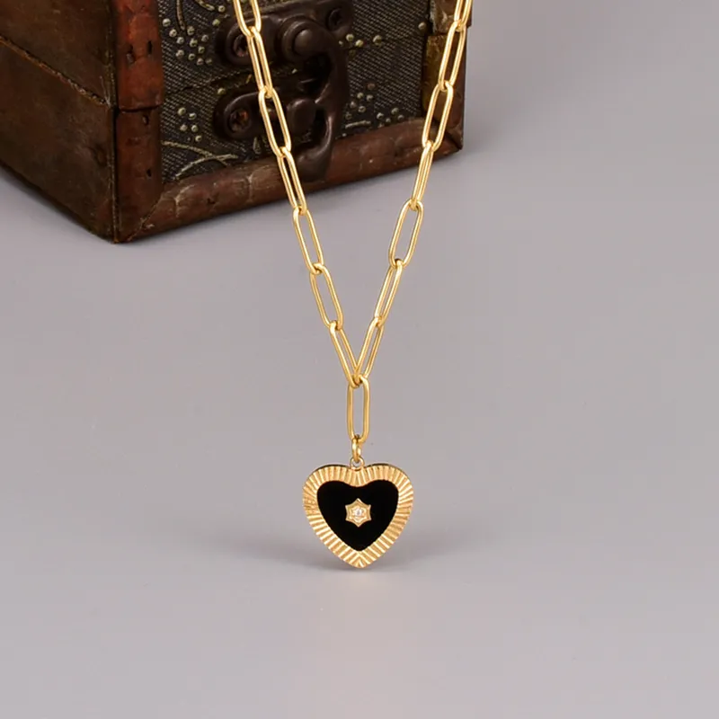 Gold Black Enamel Heart Chain Necklace