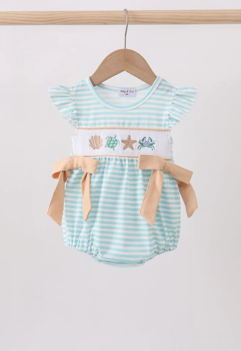 Mint Marine Creature Smocked Stripe Bubble 