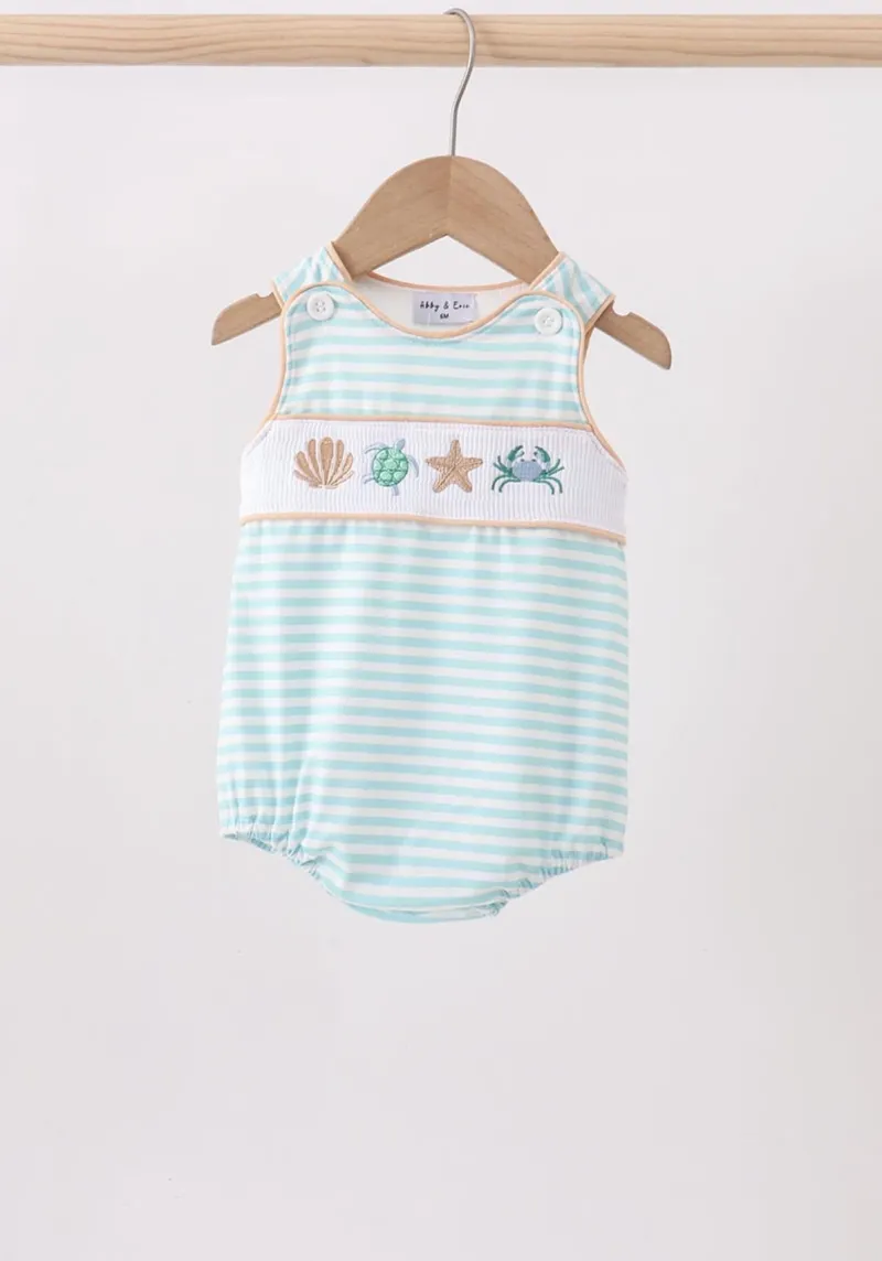 Mint Marine Creature Smocked Stripe Bubble 