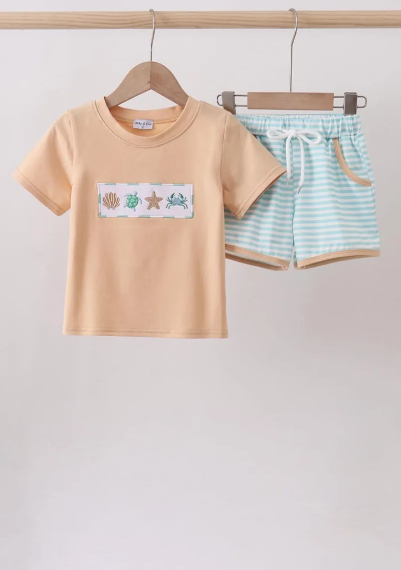 Mint Marine Creature Embroidery Stripe Set 