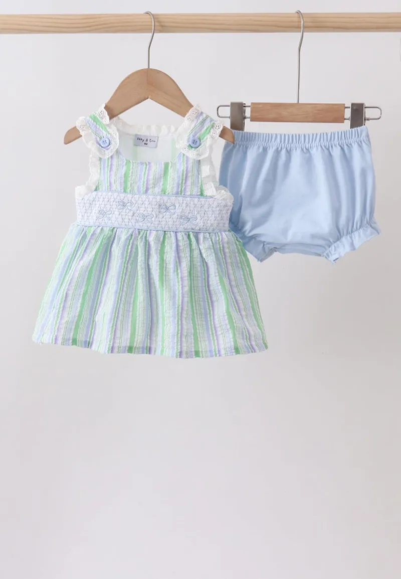 Green Stripe Smocked Bow Seersucker Bloomer Set
