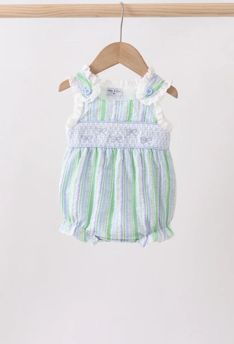 Green Stripe Smocked Bow Seersucker Bubble 