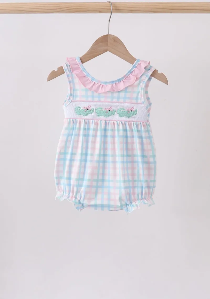 Pink Crocodile Smocked Gingham Bubble 
