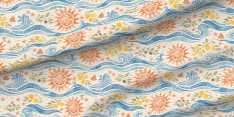 Fabric | Coastal Waves Lemons Olives and Sun Motif - Mediterranean Summer