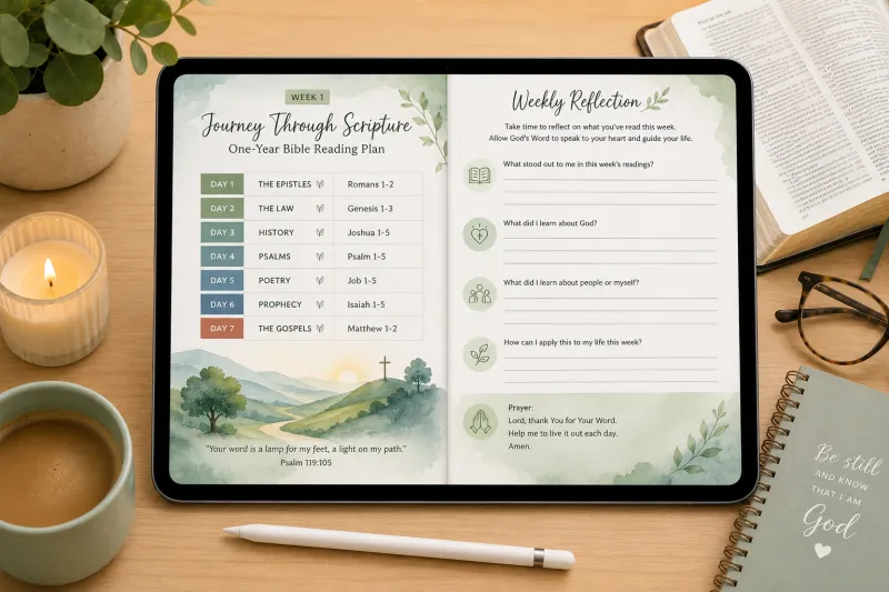 Journey Through Scripture | One-Year Bible Reading Plan & Weekly Reflection Journal | Printable Christian Bible Study Planner