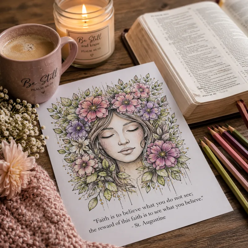 Floral Faces Christian Colouring Book | 30 Inspirational Faith Colouring Pages for Women