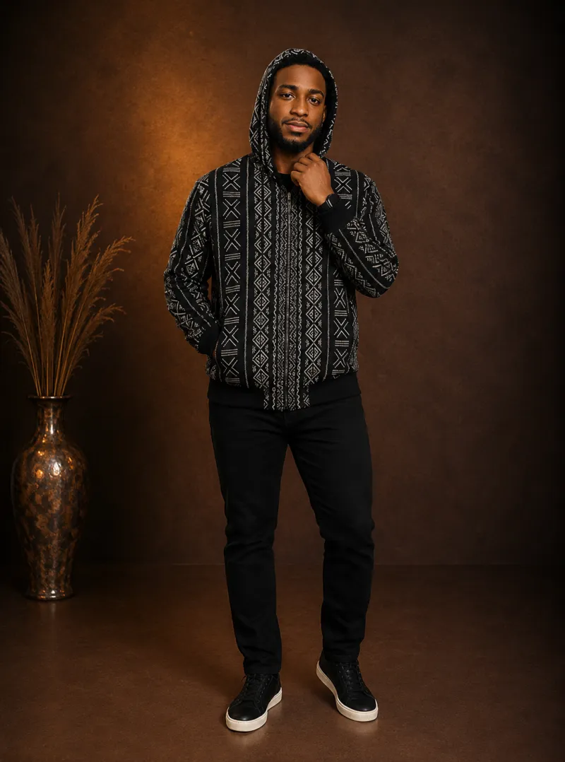 Black & White Tribal Print Padded Bomber Jacket Hoodie