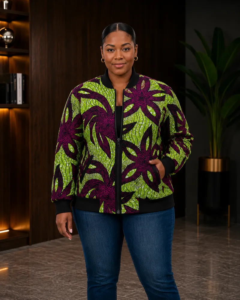 Purple & Green Leaf Print Bomber Jacket