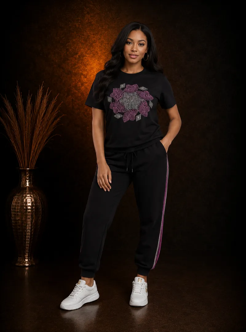 Black Rhinestone Floral Graphic T-Shirt