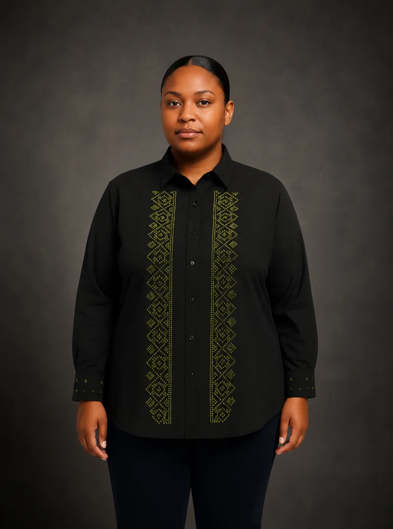 Green Vertical Embroidery Black Shirt