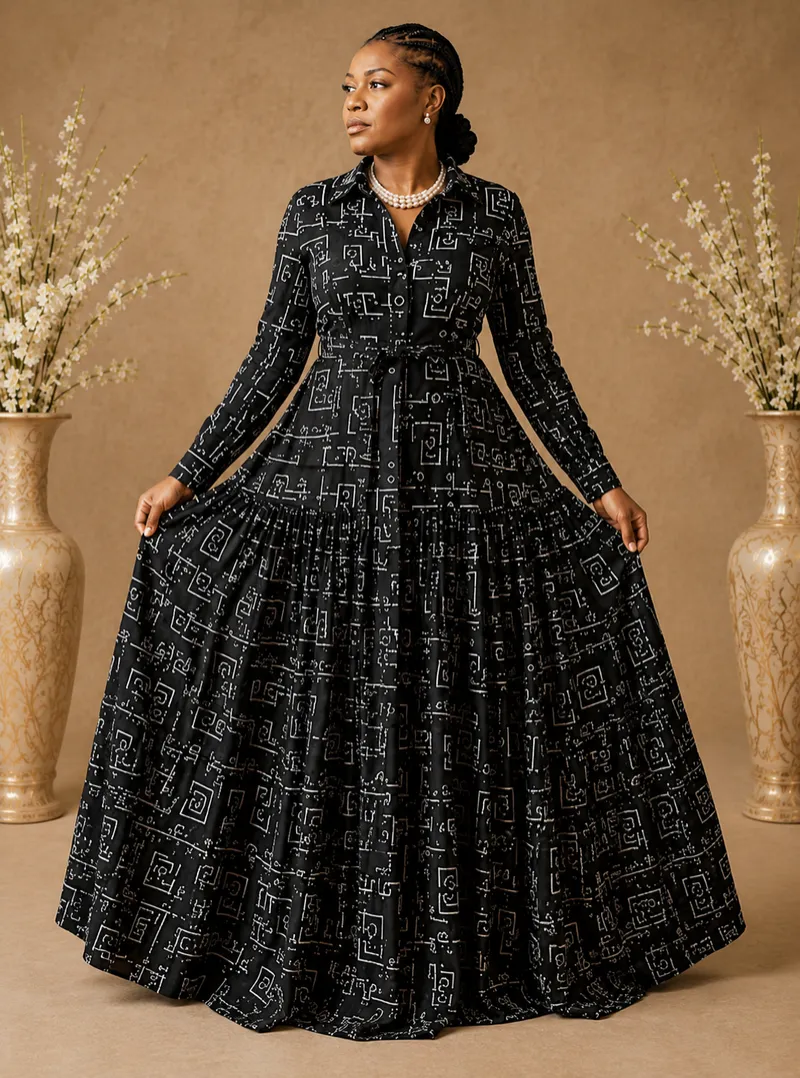 Omonigho Black & White 100% Cotton Maxi Shirt Dress
