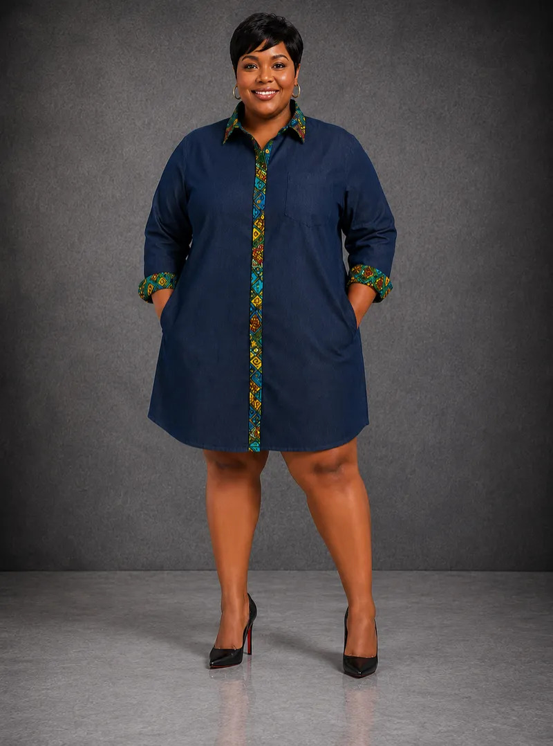 Denim Shirt Dress with contrast pattern fabric